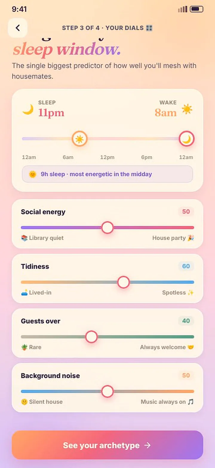 Rumy compatibility dials — sleep window, social energy, tidiness, guests and background noise