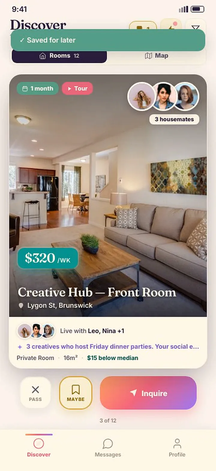 The Rumy app showing a Brunswick room called Creative Hub with its three housemates and the weekly rent