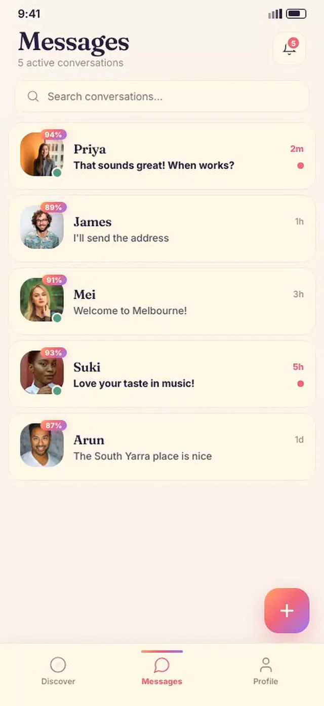 Rumy conversations — chats with matched housemates, each showing their compatibility