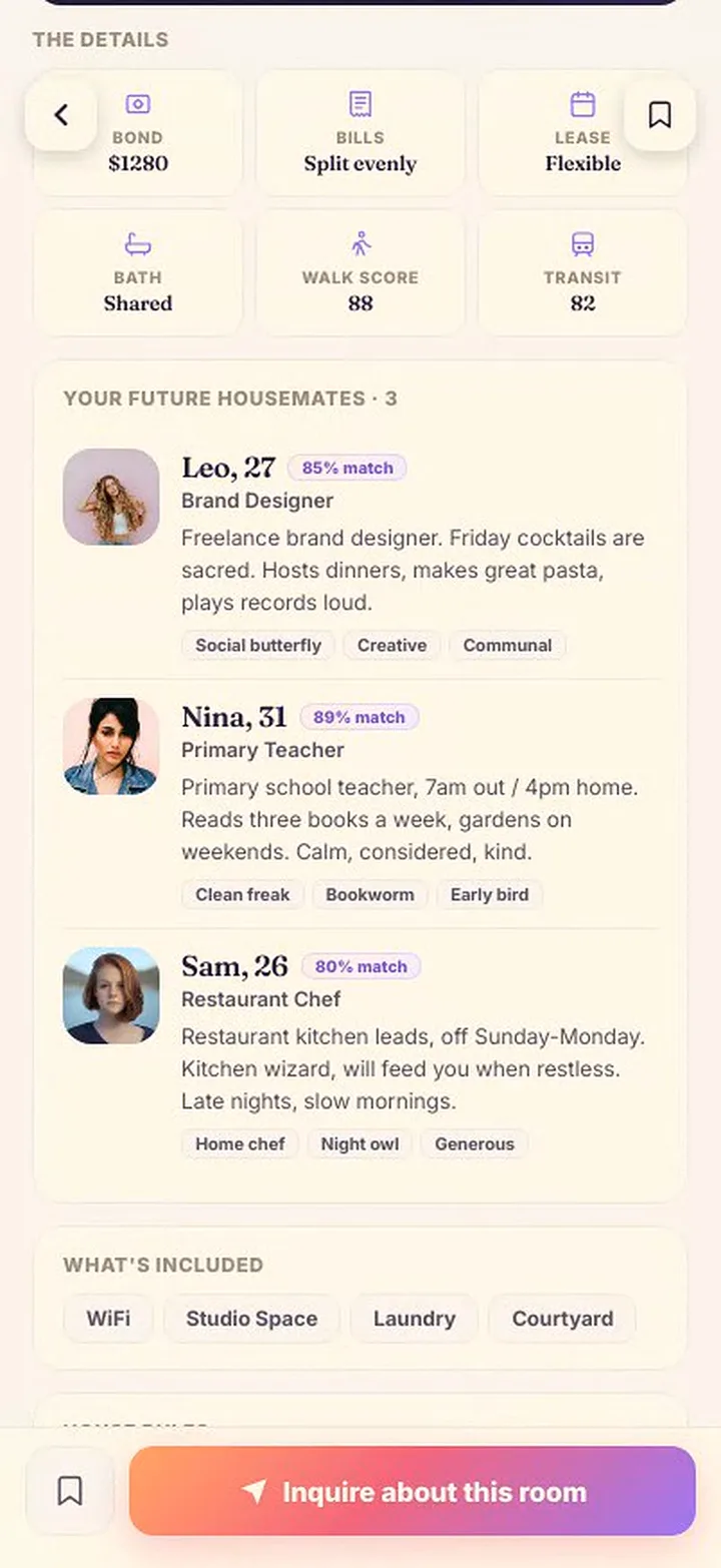 A Rumy room listing showing the three future housemates you'd live with, each with a compatibility match
